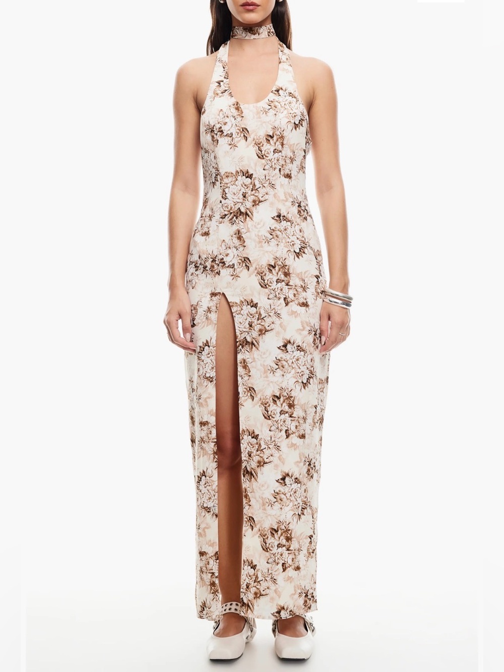 Lioness Westwood Floral Choker Halter Maxi Brown Cream Dress Size XS New